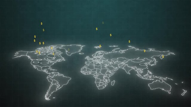 Animation of rising dollar signs above the world map. Worldwide donation of money. The global money cycle. World economy. Financial crisis. Financial losses due to the coronavirus outbreak