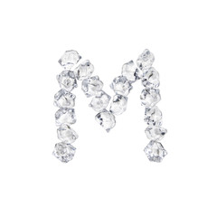 Single letter "M" made of ice or cracked glass isolated on white background