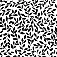Tafelkleed Silhouetten van identiek bladeren naadloos patroon. Vector hand getekende illustratie in eenvoudige Scandinavische doodle cartoon stijl. Geïsoleerde zwarte takken op een witte achtergrond © Світлана Харчук