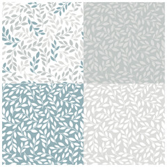 Silhouettes of identical leaves set seamless pattern. Vector hand drawn illustration in simple scandinavian doodle cartoon style. Isolated branches in a gray-blue pastel palette