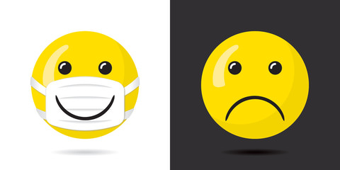 Happy Smiling Face Protected with Mask Having Wide Smile over It and Sad Unprotected Face Coronavirus Pandemy Devoted Concept - Yellow on Black and White Background - Mixed Graphic Design