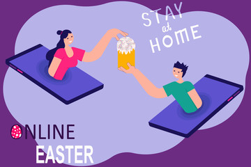 Quarantine. Online Easter. Happy woman and man with Easter cake at online celebration organized by their phones. Concept of communications in self isolation. For web banner, social media, poster