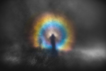 High contrast image of Brocken spectrum natural phenomenon and gloria circles - obrazy, fototapety, plakaty