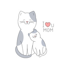 Drawn mother cat and baby kitten on a white background. Mother's day card in cartoon style.