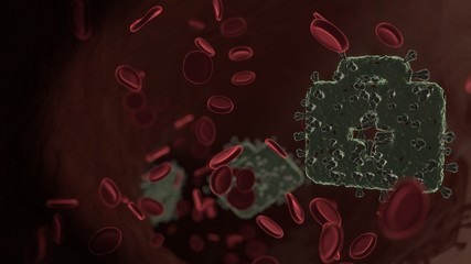 microscopic 3D rendering view of virus shaped as symbol of medical briefcase inside vein with red blood cells
