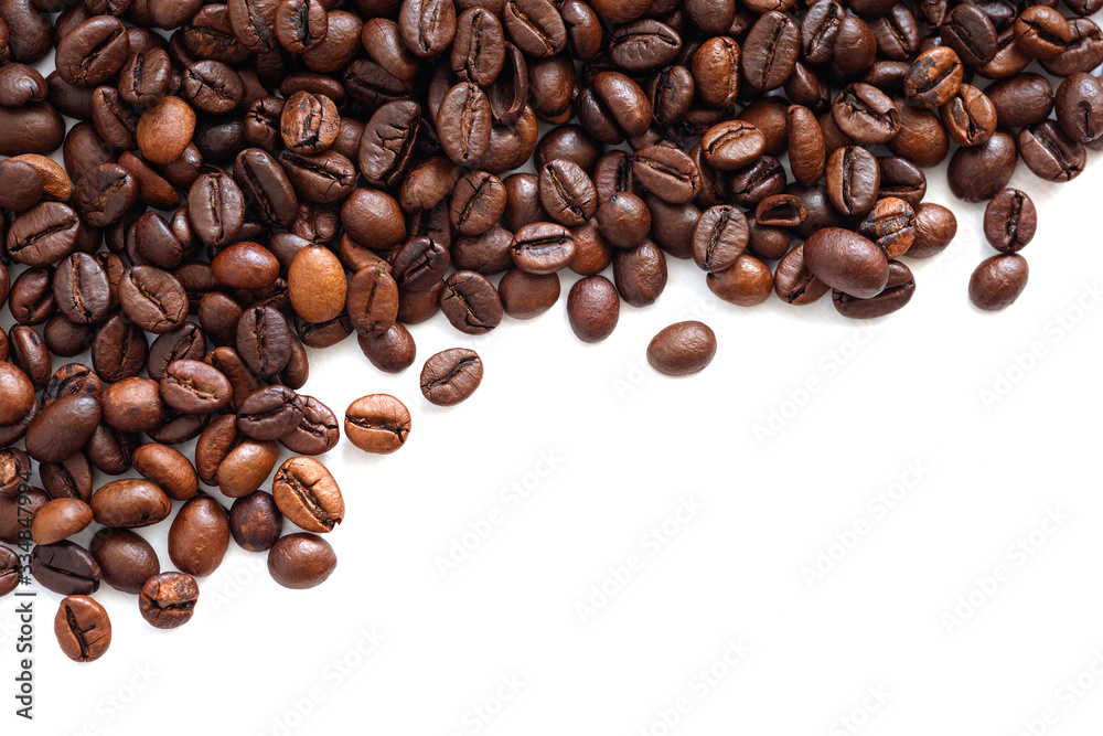 Poster Coffee  beans isolated on white background with copyspace for text. Coffee background or texture concept.