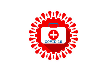 Coronavirus, Covid-19 first aid box. Coronavirus and Covid-19 are common and spread by coughing, sneezing, or touching an infected person. Vector drawing. Coronavirus cells logo vector icon.