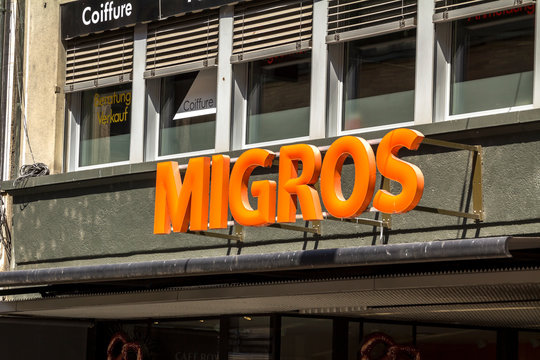 Basel, SWITZERLAND - entrance to Migros supermarket in Zurich International Airport. Migros is Switzerland's largest retail company.