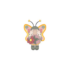Fairy with yellow wings in a pink dress with a flower in her hand