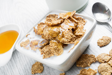 Delicious cereal flakes with milk