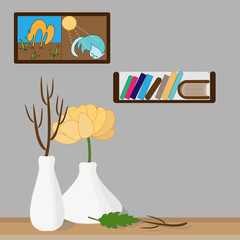 Part of the room flat gray wall, white vases with a flower and branch, a picture and a bookshelf