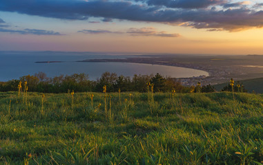 Popular holiday destiantion Sunny Beach is seen from a hill near Svet Vlas, Bulgaria at sunset