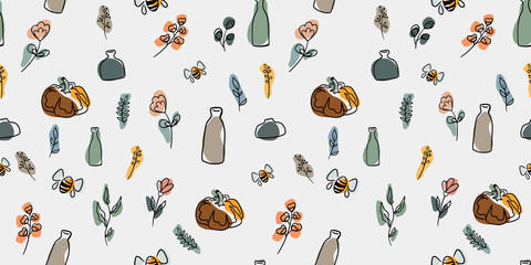 Seamless vector pattern with branches, leaves, flowers, bottles, vases and pumpkins. Design for fabric, wrapping paper and advertizing