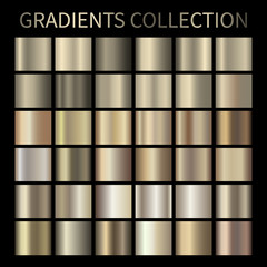 Metallic, bronze, gold, silver, chrome, copper metal foil texture gradient template Vector swatch set