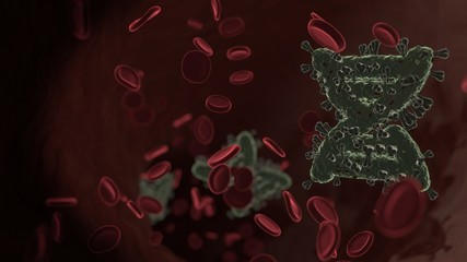 microscopic 3D rendering view of virus shaped as symbol of dna inside vein with red blood cells
