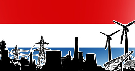 Netherlands energy production vector with sun power, wind generators, atomic and coal power plants and electric lines on poles