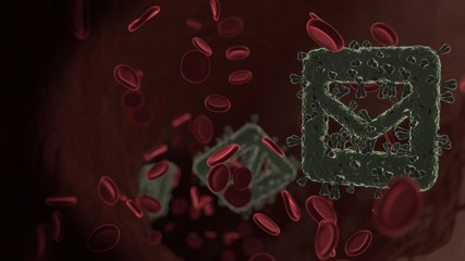 microscopic 3D rendering view of virus shaped as symbol of envelope square inside vein with red blood cells