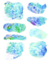 Paint splat stain blot spots splashes set collection isolated on white background. Bright vivid blue objects. Watercolor space for text. Creative design elements.