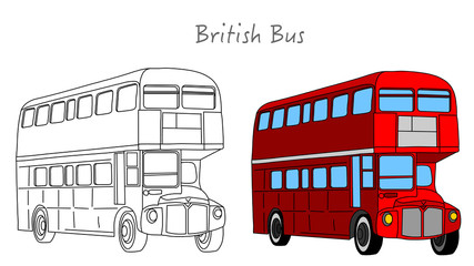 Red British bus. England, London double decker bus . Black white, technic draw sketch and red colored call box. Britain two floor old Autobus.  UK classic culture retro objects. Outline draw Vector © LuckySoul