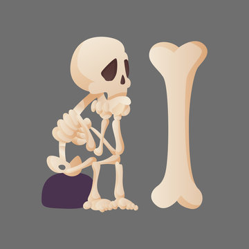 Funny cartoon skeleton posing sitting on a stone and looking at the bone. Vector bony character. Human bones illustration skeletal. Dead man on color background