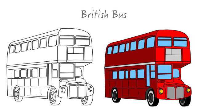 Red British bus. England, London double decker bus . Black white, technic draw sketch and red colored call box. Britain two floor old Autobus.  UK classic culture retro objects. Outline draw Vector