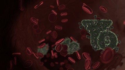 microscopic 3D rendering view of virus shaped as symbol of funnel dollar inside vein with red blood cells