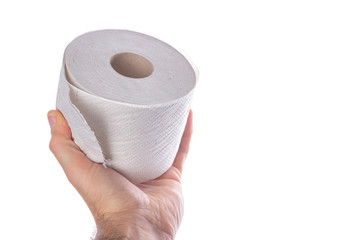 Toilet paper in hand. Male hand with a roll of toilet paper.