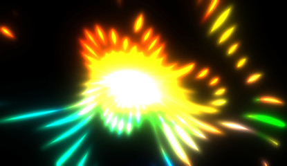 Dynamic rays of light isolated on black background. Graphic 2D illustration of glowing colorful light particles.