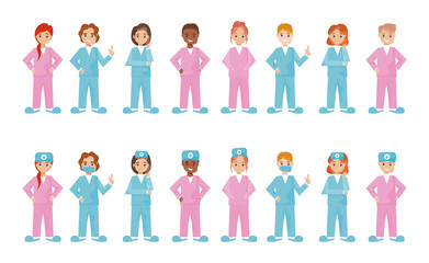 group of nurses in different poses on white background