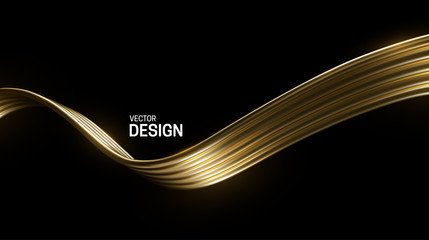 Abstract golden wave isolated on black background. Vector 3d illustration. Golden wires stream. Luxury flowing shape. Smooth liquid object. Minimal decoration element for design