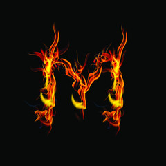 Fototapeta premium letter M fire or shades of horror, burning letters, Latin fonts from fire, collection of fonts, fire for creative business logos and GAME