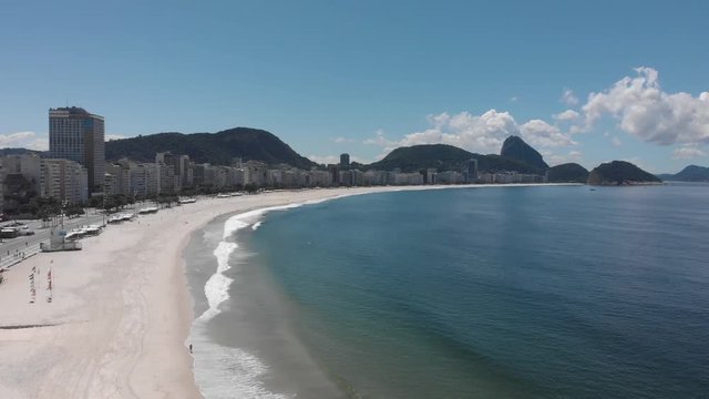 Almost empty Copacabana beach and boulevard with the Sugarloaf mountain in the background during the COVID-19 Corona virus outbreak in Rio de Janeiro