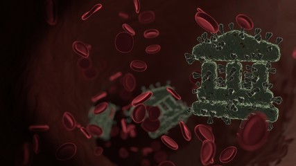 microscopic 3D rendering view of virus shaped as symbol of landmark inside vein with red blood cells