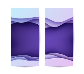 Set of banners with wave in paper cut style. Two 3d abstract flyers purple violet and blue gradient color. Layered deep papercut background with wavy shape. Origami style vector card illustration.