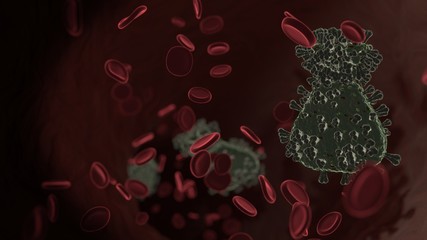 microscopic 3D rendering view of virus shaped as symbol of money bag  inside vein with red blood cells