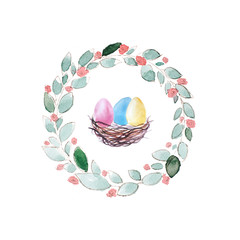 Colorful painted eggs in nest and spring wreath.