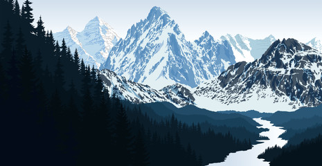 vector morning in beautiful mountains with river - obrazy, fototapety, plakaty
