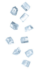 Crystal ice cubes falling on white background