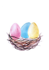 Colorful painted eggs in wooden nest isolated.