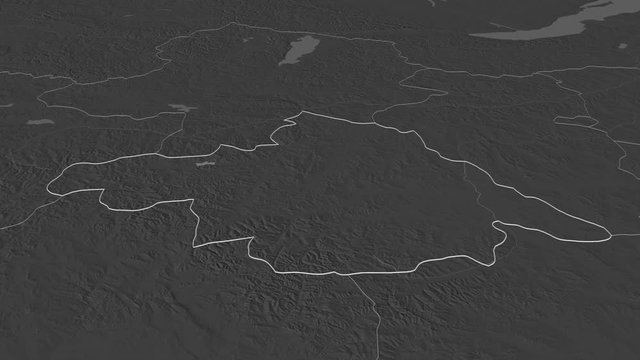 Arhangay, province with its capital, zoomed and extruded on the bilevel map of Mongolia in the conformal Stereographic projection. Animation 3D