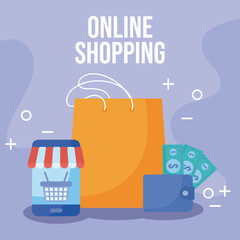 shopping bag with icons of online shopping