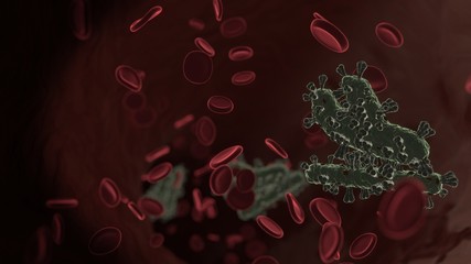 microscopic 3D rendering view of virus shaped as symbol of plane arrival inside vein with red blood cells