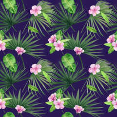 Watercolor illustration seamless pattern of tropical leaves and flower hibiscus. Perfect as background texture, wrapping paper, textile or wallpaper design. Hand drawn