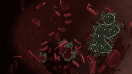 microscopic 3D rendering view of virus shaped as symbol of pray inside vein with red blood cells
