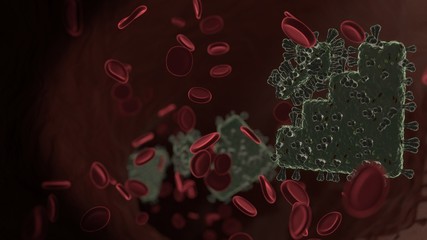 microscopic 3D rendering view of virus shaped as symbol of promotion inside vein with red blood cells