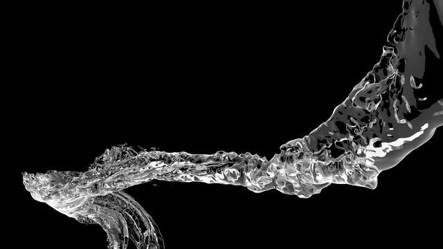 4k 60 fps slow motion vortex water flow with a splashes isolated on a black background with alpha matte