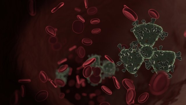 microscopic 3D rendering view of virus shaped as symbol of radiation inside vein with red blood cells
