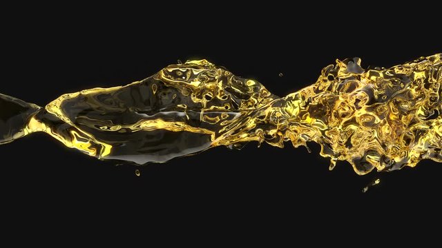 Gold 3D realistic liquid floating on black background. Golden liquid splashing on dark backdrop. 4k animation footage. Beer or oil splash.