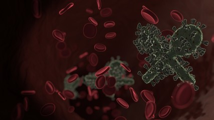 microscopic 3D rendering view of virus shaped as symbol of restaurant inside vein with red blood cells