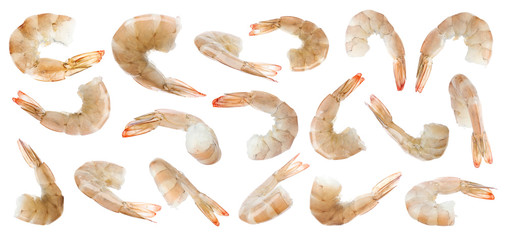 Collage of raw shrimps on white background